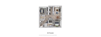 A 3D floor plan of apartment B2 showing the layout of the rooms.
